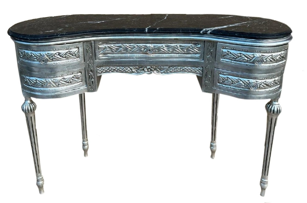 Barock Sekretär mit Marmorplatte und 5 Schubladen Silber / Schwarz - Handgefertigter Massivholz Schreibtisch im Barockstil - Barock Büro Möbel