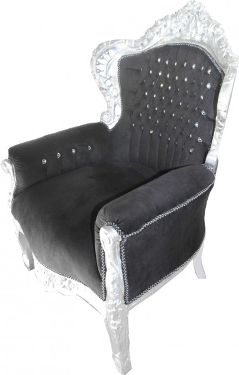 Barock Sessel King Schwarz / Silber mit Bling Bling Glitzersteinen 85 x 85 x H. 120 cm