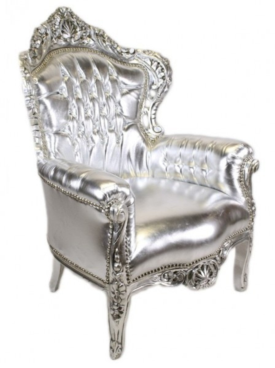 Barock Sessel King Silber Lederoptik mit Bling Bling Glitzersteinen - Luxus Barock Möbel