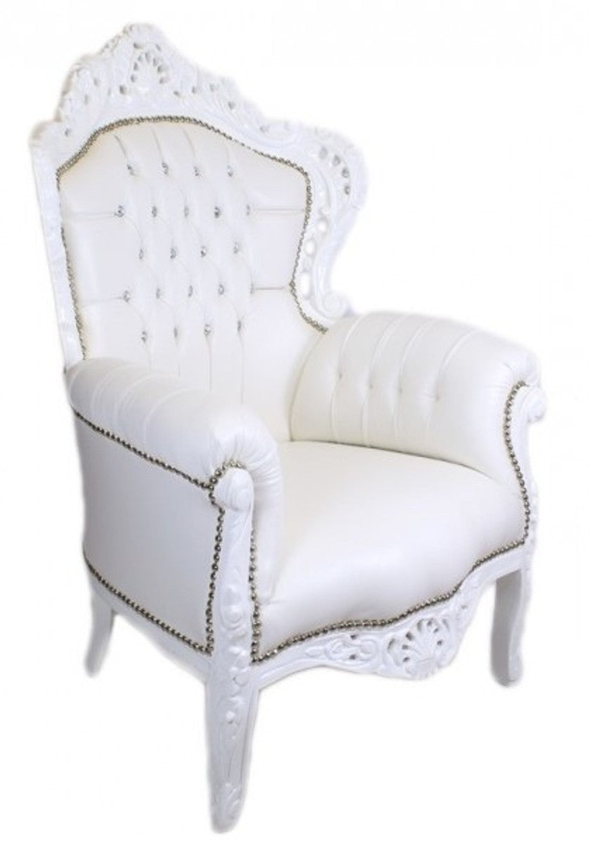 Barock Sessel King Weiß Lederoptik mit Bling Bling Glitzersteinen - Luxus Barock Möbel