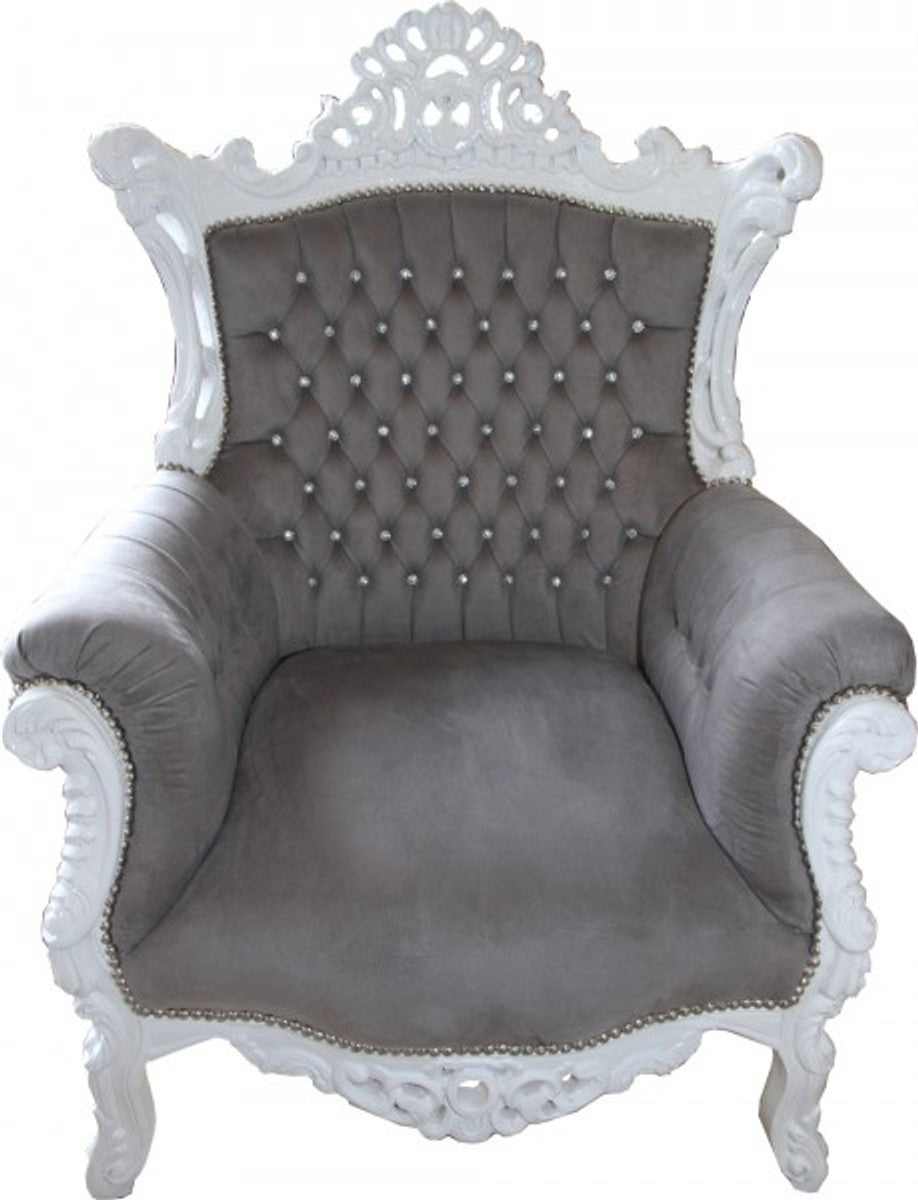 Barock Sessel Al Capone Grau / Weiß mit Glitzersteinen
