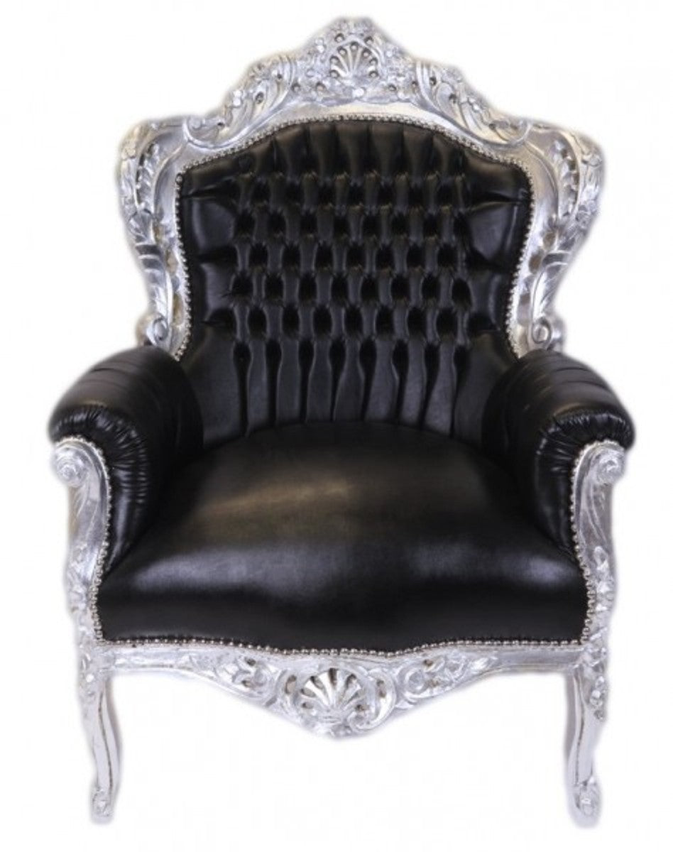 Barock Sessel King Schwarz / Silber Lederoptik - Möbel Antik Stil
