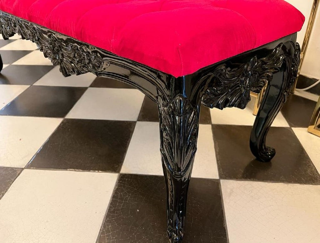 Barock Sitzbank Rot / Schwarz - Gepolsterte Massivholz Bank mit edlem Samtstoff und Glitzersteinen - Handgefertigte Barock Möbel - Edel & Prunkvoll