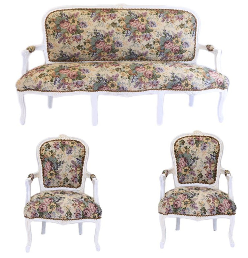 Barock Sitzbank Set Blumen Muster / Antik Stil Weiß - 1 Sofa + 2 Sessel