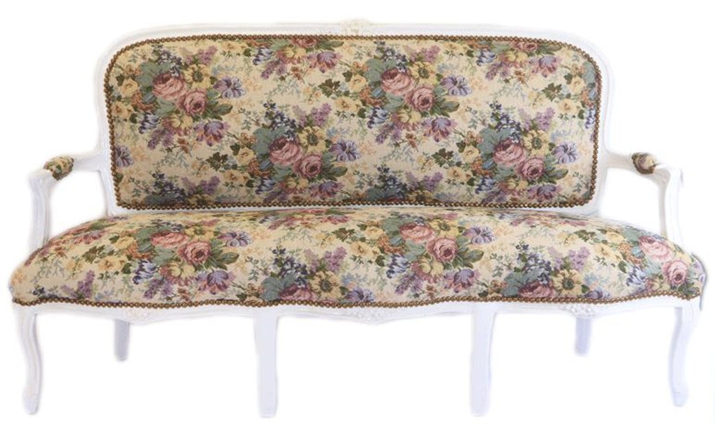 Barock Sitzbank Set Blumen Muster / Antik Stil Weiß - 1 Sofa + 2 Sessel
