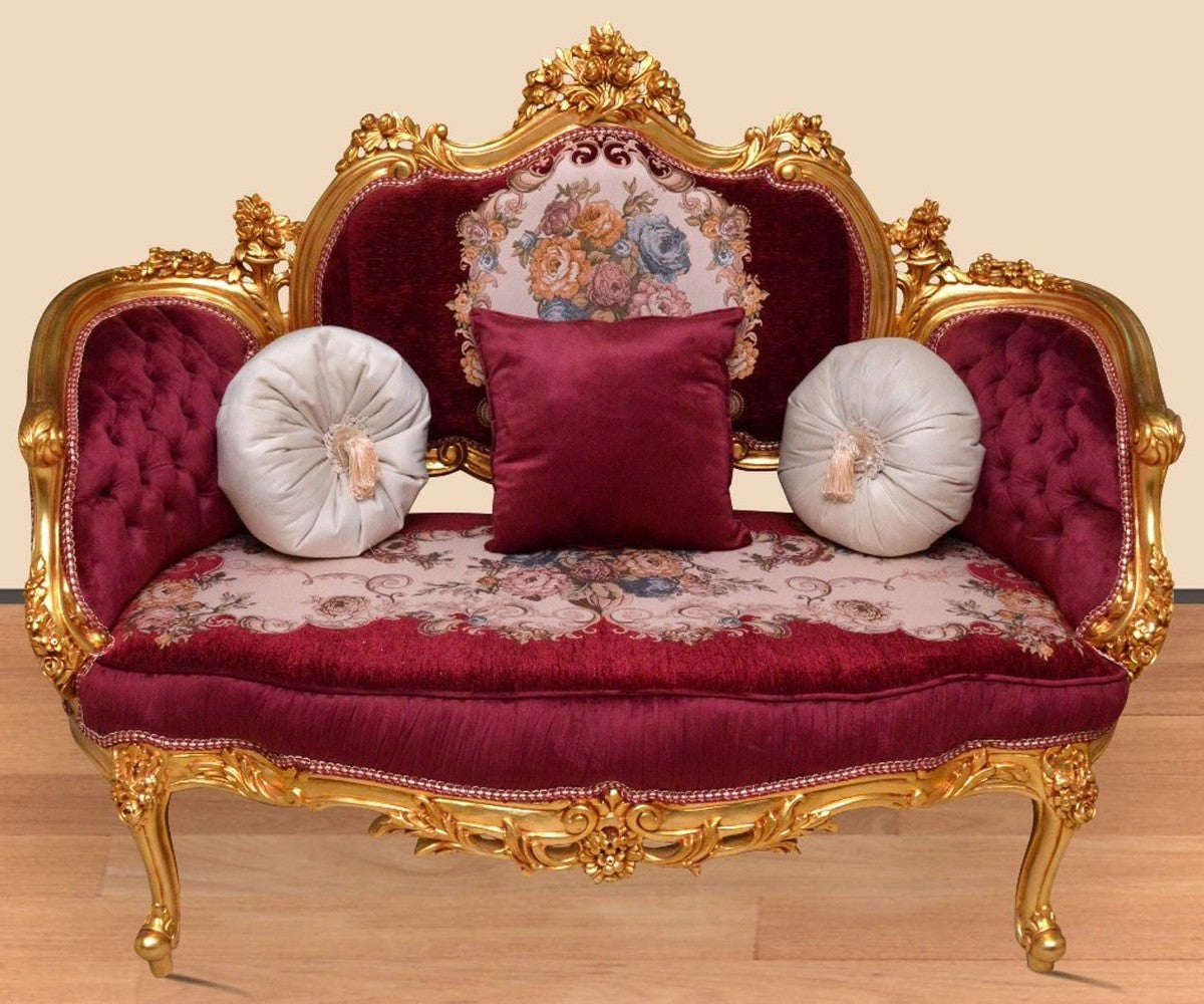 Barock Sofa Bordeauxrot / Mehrfarbig / Gold - Handgefertigtes Wohnzimmer Sofa im Barockstil - Prunkvolle Barock Wohnzimmer Möbel