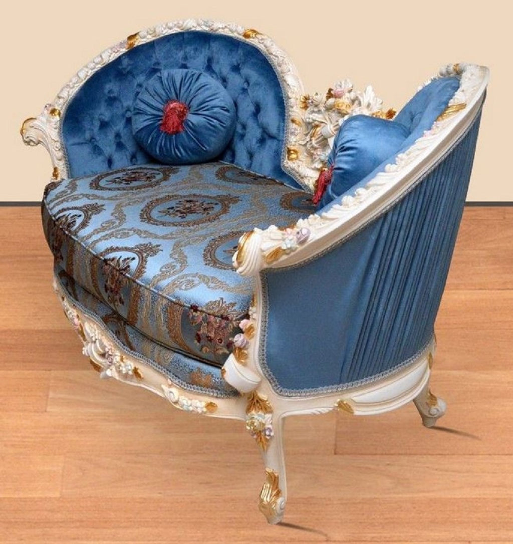 Barock Sofa Blau Muster / Creme / Weiß / Gold - Handgefertigtes Wohnzimmer Sofa im Barockstil - Prunkvolle Barock Wohnzimmer Möbel
