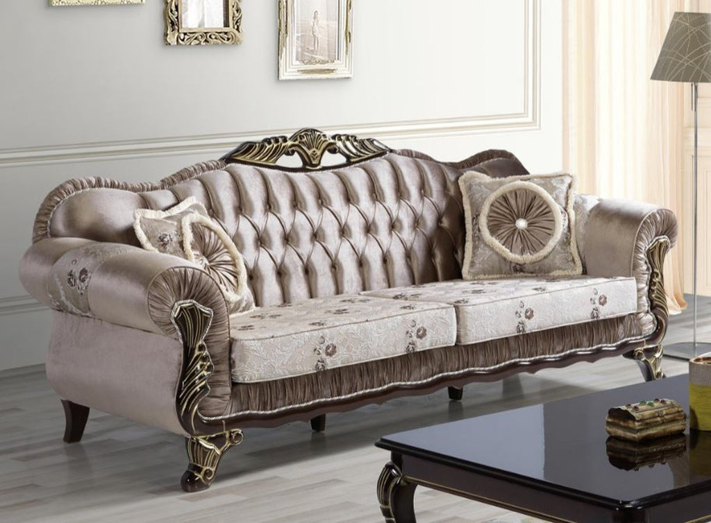 Barock Sofa Braun / Beige / Schwarz / Gold 230 x 84 x H. 100 cm - Prunkvolles Wohnzimmer Sofa mit Blumenmuster - Barockstil Möbel