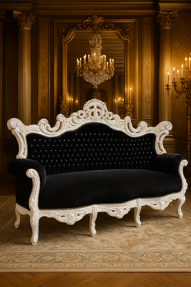 Barock Sofa mit Glitzersteinen Schwarz / Weiß - Handgefertigtes Antik Stil Wohnzimmer Sofa - Antik Stil Wohnzimmer Möbel - Barock Wohnzimmer Möbel - Edel & Prunkvoll