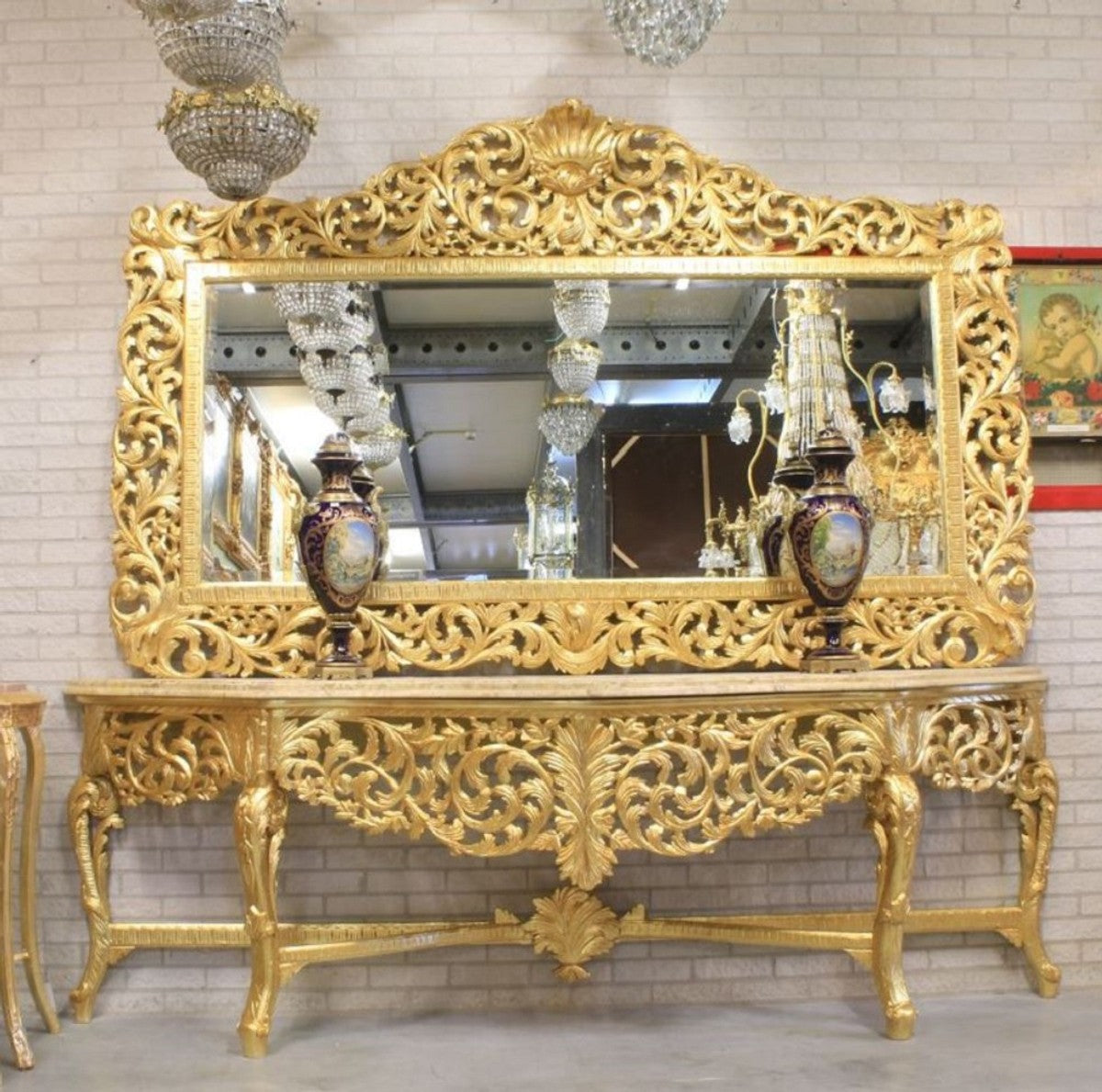 Barock Spiegel Gold 210 x H. 150 cm - Riesiger handgefertigter Antik Stil Wandspiegel - Prunkvolle Barock Möbel