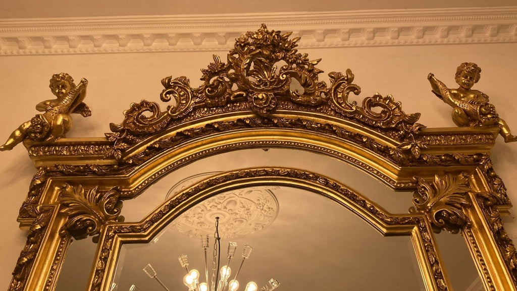 Barock Spiegel Gold - Handgefertigter Antik Stil Wandspiegel mit dekorativen Engelsfiguren - Wohnzimmer Spiegel - Garderoben Spiegel - Prunkvolle Barock Möbel