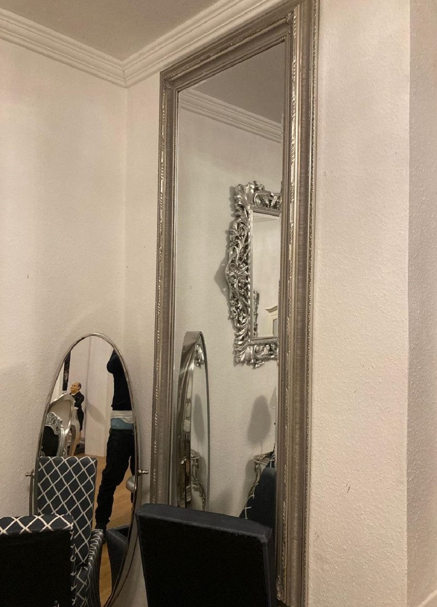 Barock Spiegel Silber - Rechteckiger Wandspiegel im Barockstil - Handgefertigter Barock Garderoben Spiegel - Barock Möbel - Barock Interior - Edel & Prunkvoll