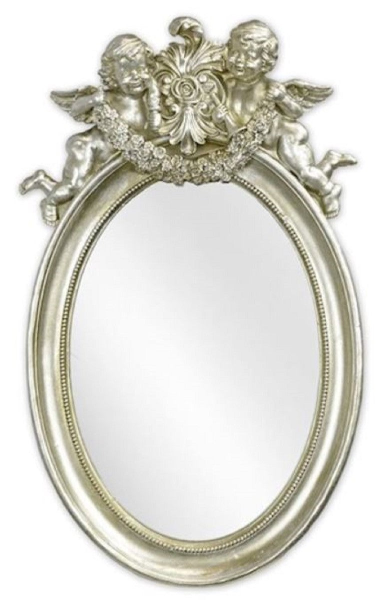 Barock Spiegel Silber 29,2 x H. 49,3 cm - Antik Stil Wandspiegel mit dekorativen Engelsfiguren - Wohnzimmer Spiegel - Garderoben Spiegel - Barock Möbel