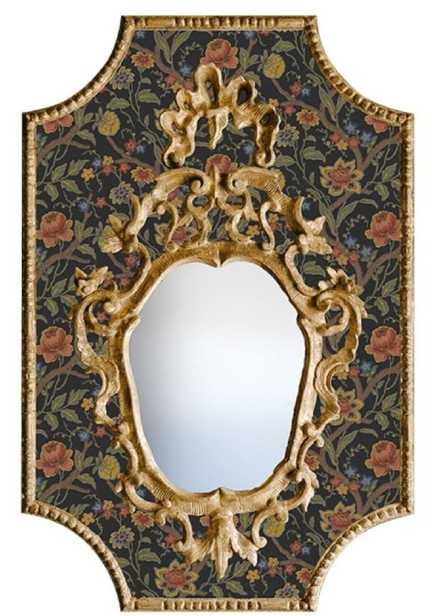 Barock Spiegel Mehrfarbig / Schwarz / Antik Gold 65 x H. 99 cm - Barock Wandspiegel mit Blumen Design