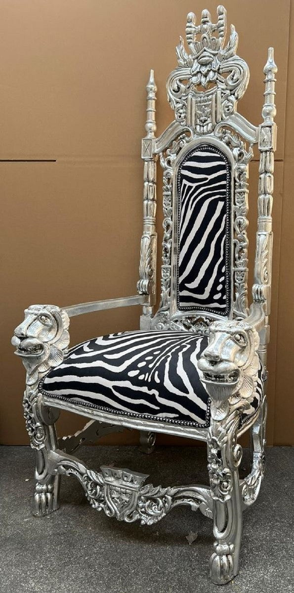 Barock Thron Sessel Schwarz / Weiß / Silber - Prunkvoller Barockstil Königssessel mit edlem Samtstoff im Zebra Design - Barockstil Hochzeitssessel - Barock Riesensessel - Barock Möbel