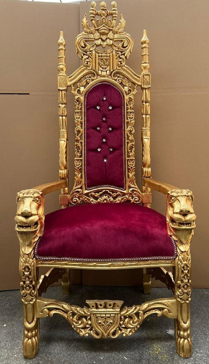 Barock Thron Sessel Bordeauxrot / Gold - Prunkvoller Barockstil Königssessel mit Glitzersteinen und edlem Samtstoff - Barockstil Hochzeitssessel - Barock Riesensessel - Barock Möbel