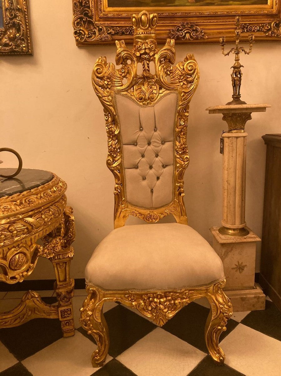 Barock Thron Stuhl Creme / Gold - Handgefertigter Hochlehn Esszimmer Stuhl mit Samtstoff und Glitzersteinen - Barock Esszimmer Möbel