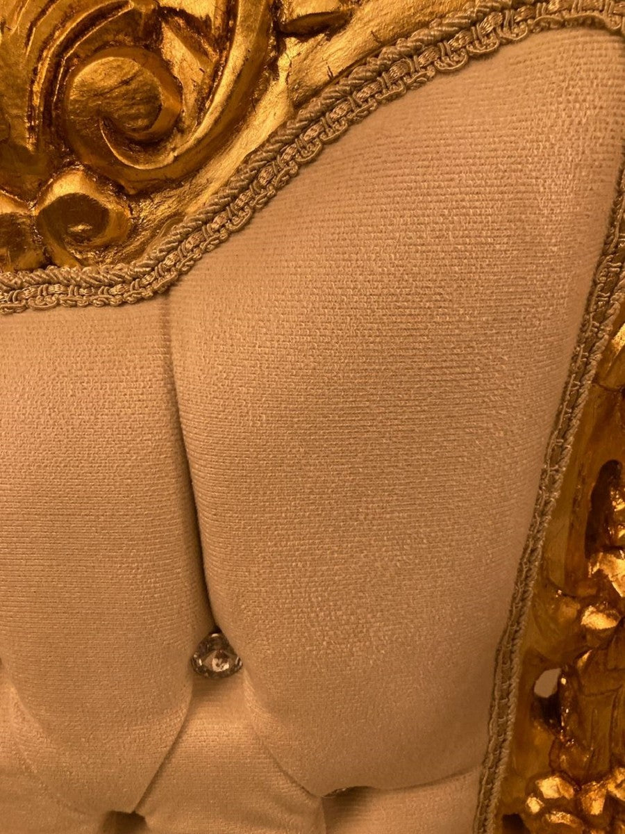 Barock Thron Stuhl Creme / Gold - Handgefertigter Hochlehn Esszimmer Stuhl mit Samtstoff und Glitzersteinen - Barock Esszimmer Möbel