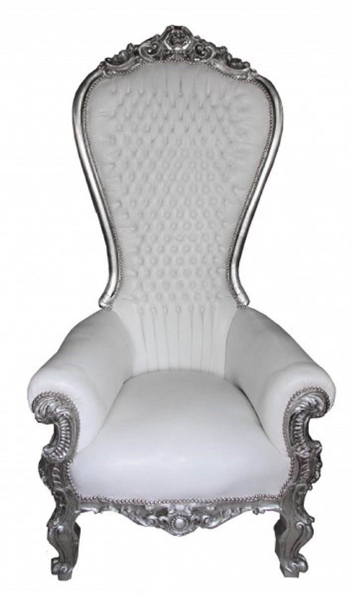 Barock Thron Sessel mit Kunstleder Weiß / Silber - Handgefertigter Königssessel - Prunkvoller Hochzeitssessel - Barock Riesensessel - Barock Möbel