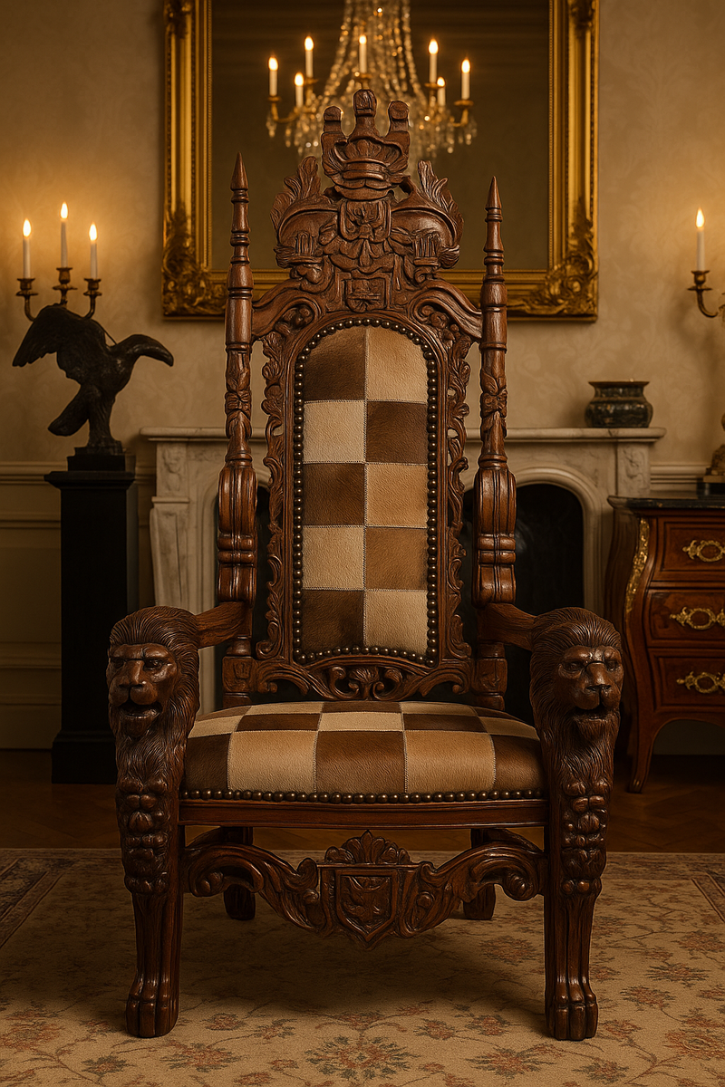 Barock Thron Sessel mit echtem Fell Mehrfarbig / Braun - Handgefertigter Königssessel - Hochzeitssessel - Riesensessel - Barock Möbel - Edel & Prunkvoll