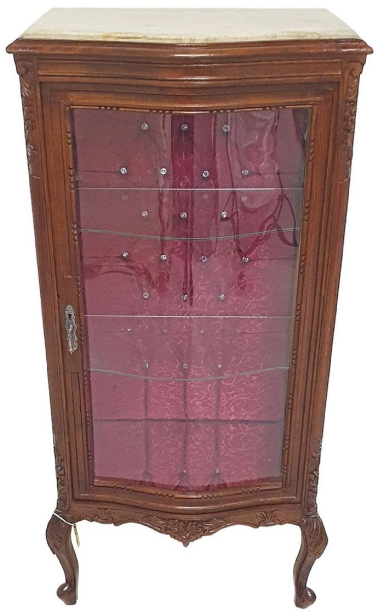Barock Vitrine Braun / Creme / Bordeauxrot - Handgefertigter Massivholz Vitrinenschrank mit Glitzersteinen und Marmorplatte - Wohnzimmer Möbel im Barockstil - Barock Möbel