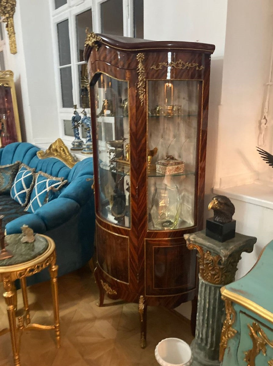 Barock Vitrine Braun / Gold - Handgefertigter Massivholz Antik Stil Vitrinenschrank mit Glastür - Antik Stil Möbel - Barock Möbel - Wohnzimmer Möbel im Barockstil - Edel & Prunkvoll