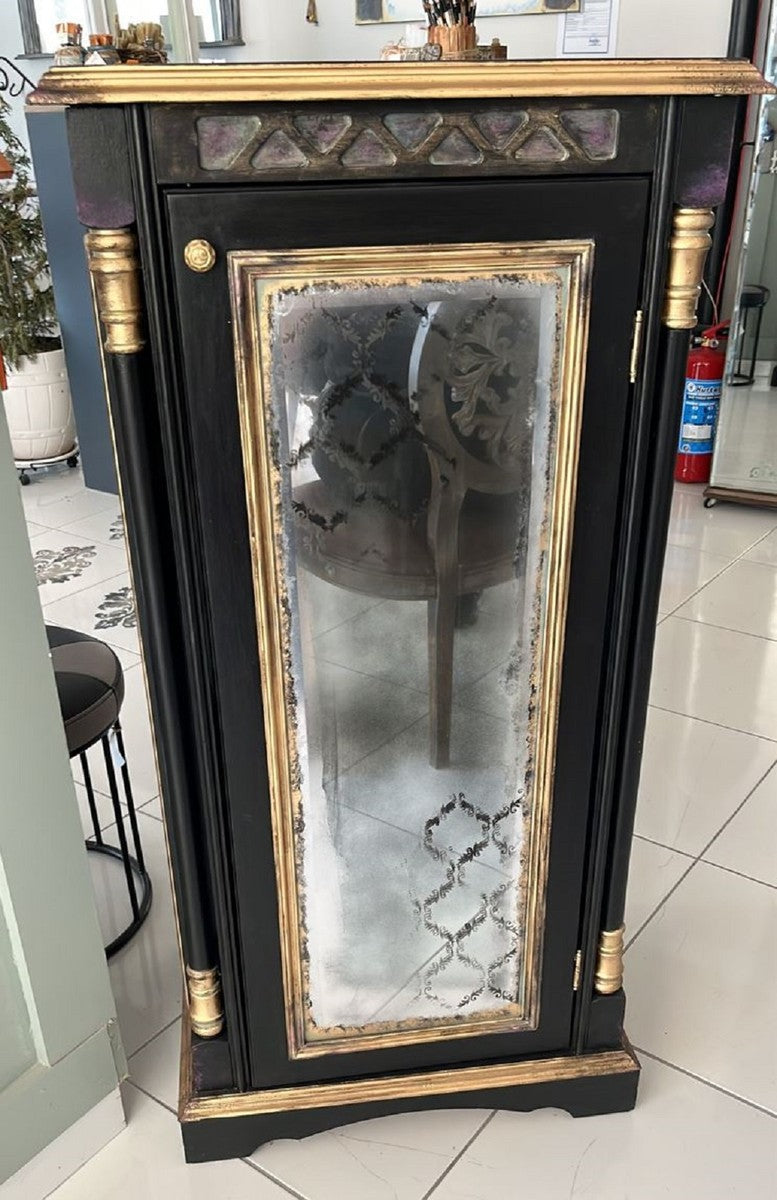 Barock Glasvitrine Schrank Schwarz / Antik Gold 57 x 42 x H. 116 cm - Antik Stil Vitrine Glas verspiegelt