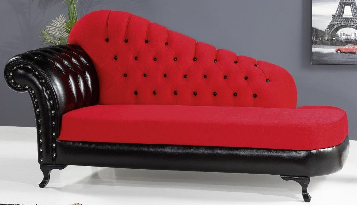 Barock Chaiselongue Rot / Schwarz 183 x 80 x H. 94 cm - Edle Massivholz Chaiselongue mit Kunstleder - Barock Möbel
