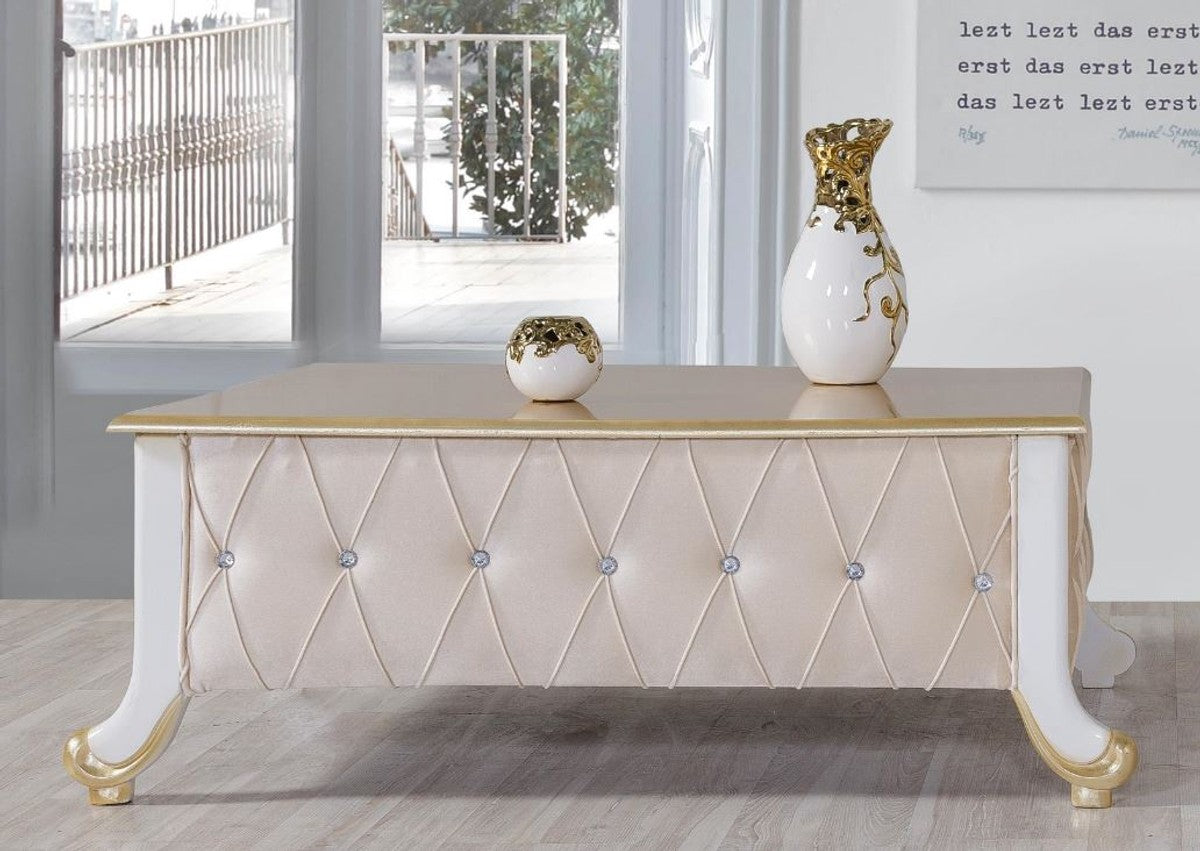 Barock Couchtisch Beige / Weiß / Gold 100 x 64 x H. 43 cm - Edler Barockstil Wohnzimmertisch mit Glitzersteinen - Barock Möbel
