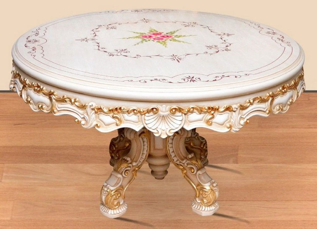 Barock Esszimmer Set Bordeauxrot / Grau / Weiß / Gold - 1 runder Esstisch & 4 Esszimmerstühle - Prunkvolle Esszimmer Möbel im Barockstil