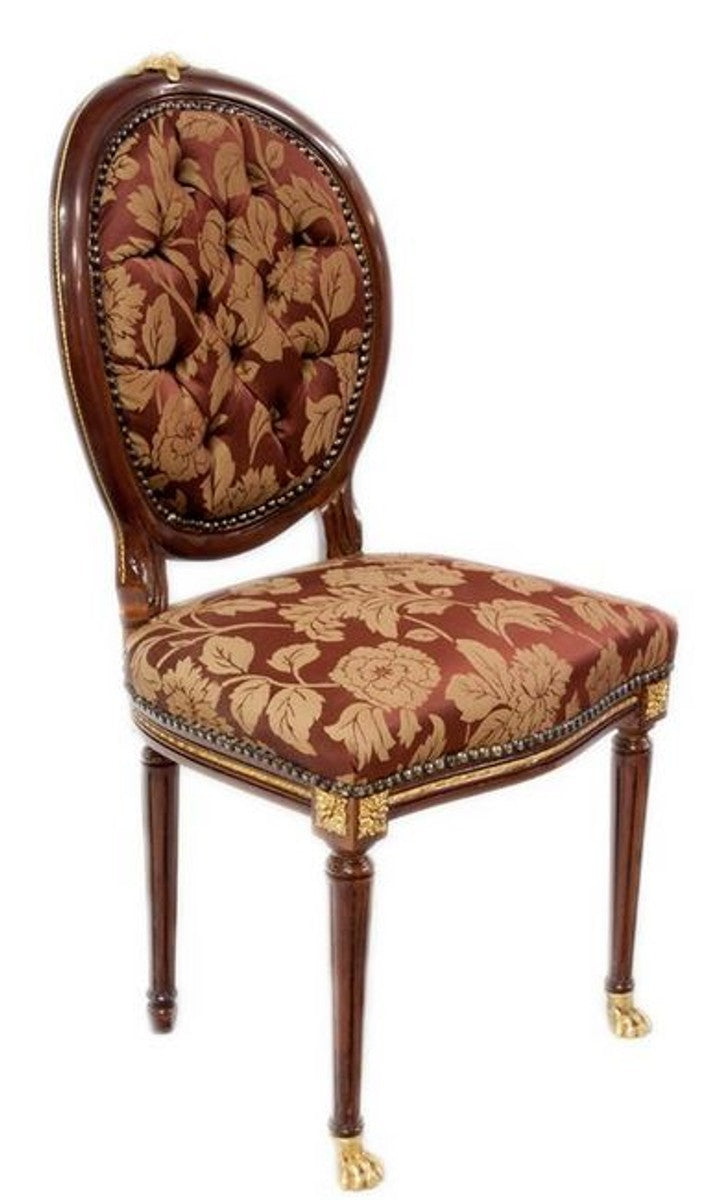 Barock Esszimmerstuhl Dunkelbraun / Gold / Bordeauxrot mit Muster 50 x 45 x H. 100 cm - Barock Stuhl mit Löwenfüßen - Barock Esszimmer Möbel