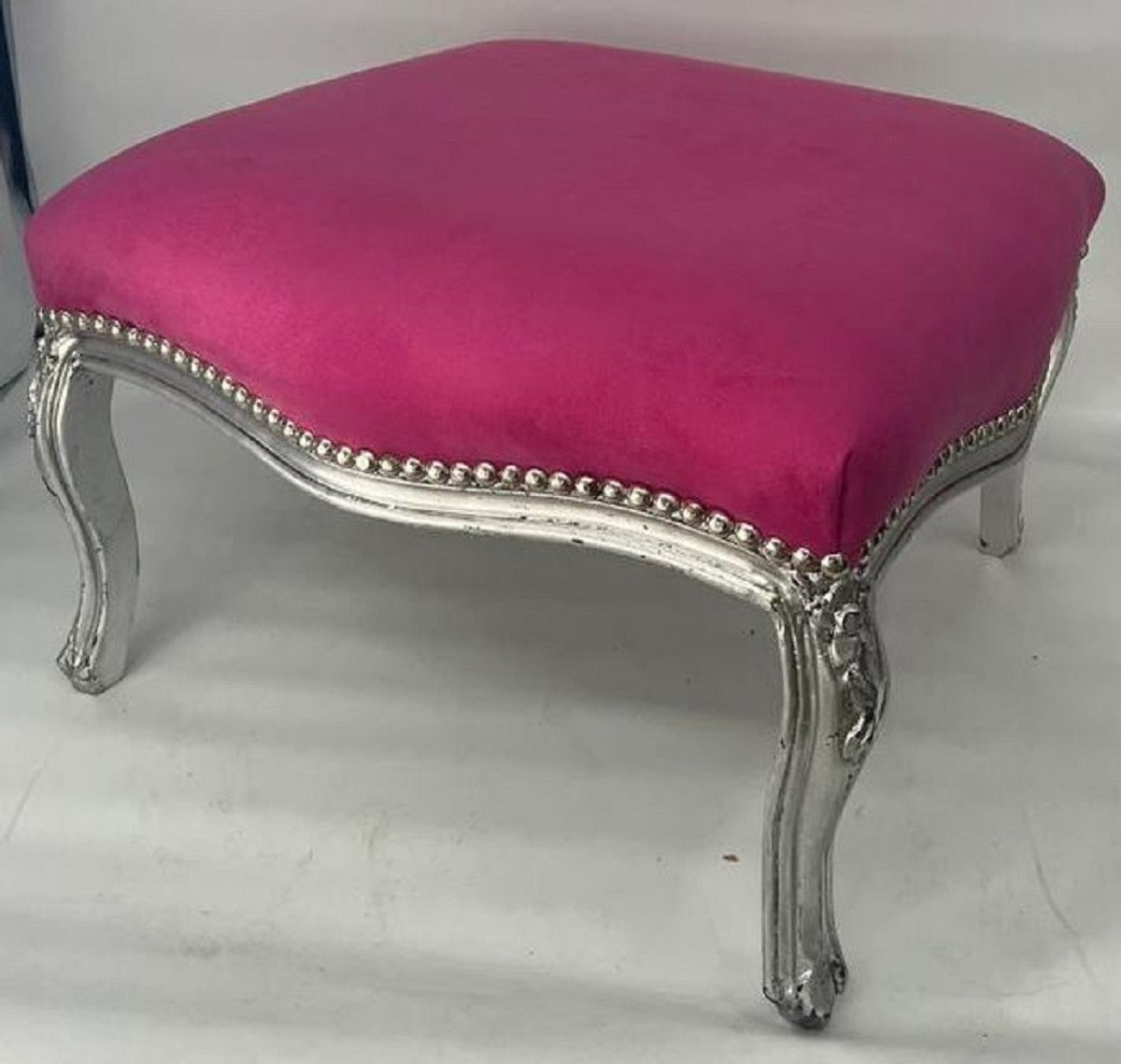 Barock Hocker Rosa / Silber - Handgefertigter Sitzhocker im Barockstil - Barock Fußhocker - Wohnzimmer Möbel im Barockstil - Barockstil Möbel - Barock Möbel - Edel & Prunkvoll