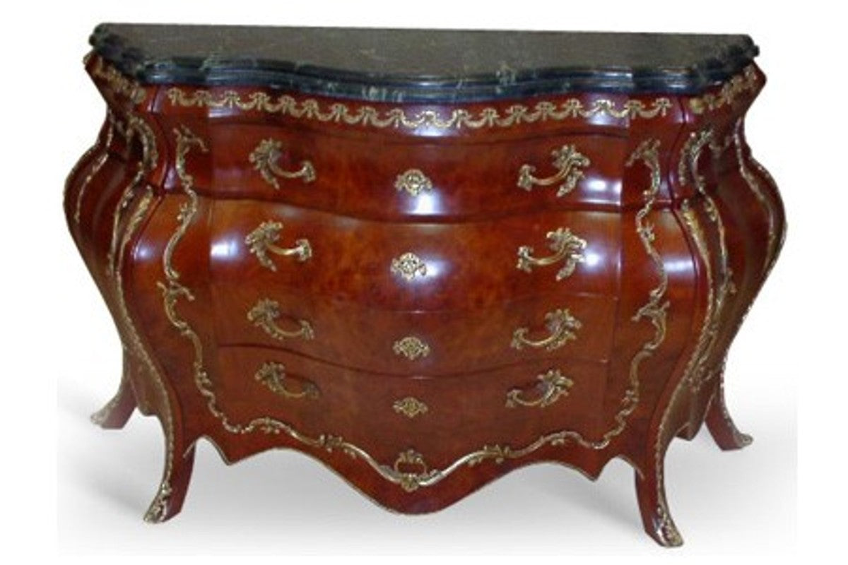 Barock Kommode mit Marmorplatte Mahagoni Braun mit goldenen Metallapplikationen 158 cm - Hotel Collection