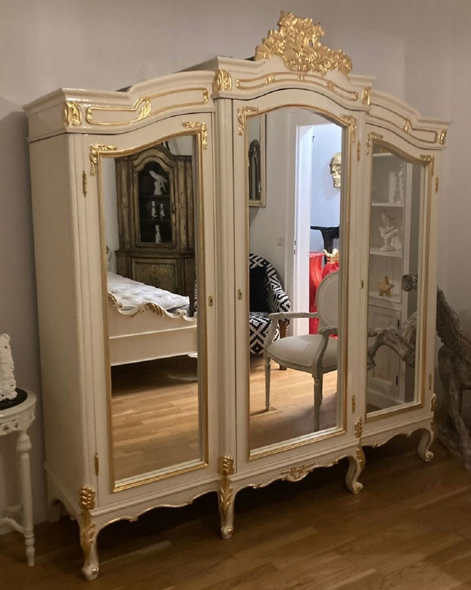 Barock Schlafzimmerschrank mit 3 verspiegelten Türen Creme / Gold - Verspiegelter Massivholz Kleiderschrank - Schlafzimmer Möbel im Barockstil - Barock Möbel - Edel & Prunkvoll