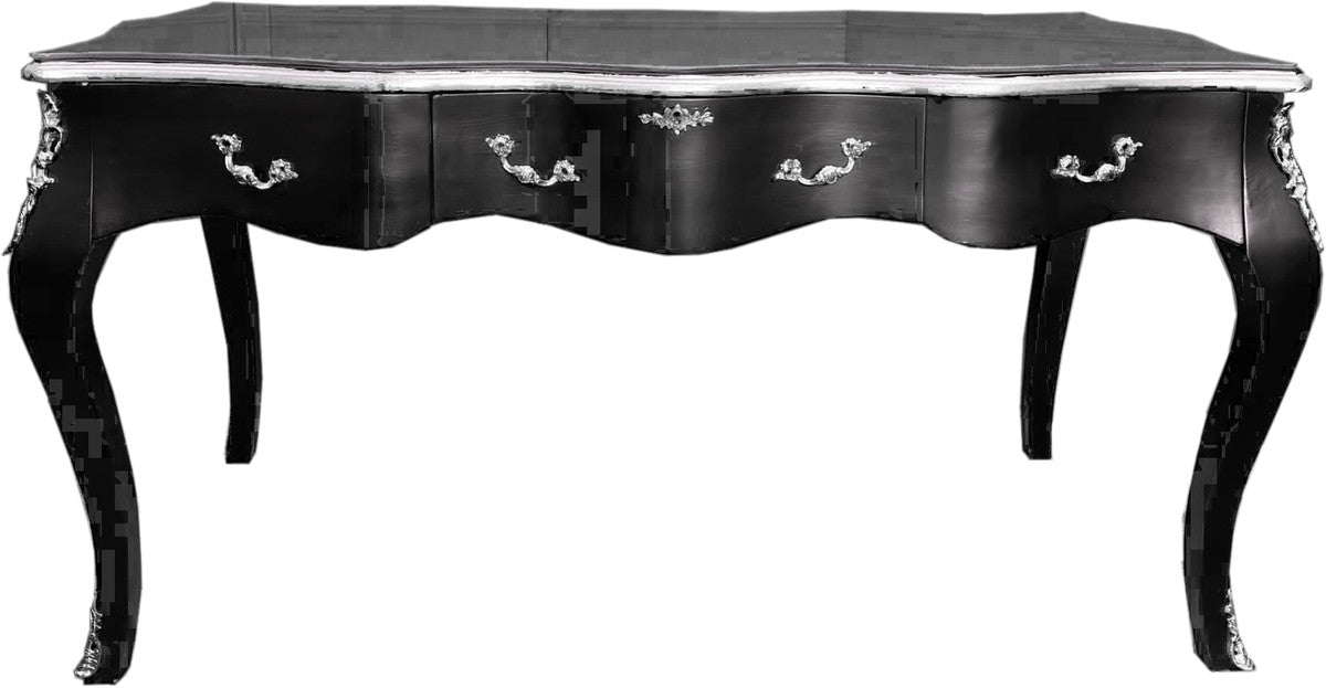 Barock Sekretär Schwarz / Silber- Schreibtisch Luxus Möbel Büro