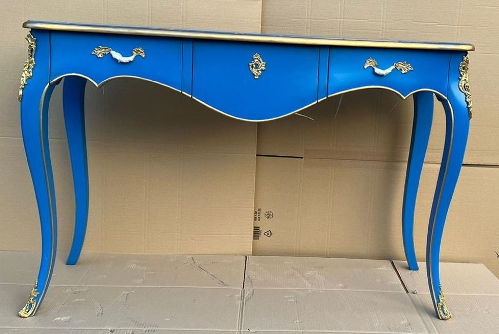 Barock Sekretär mit 3 Schubladen Blau / Gold - Handgefertigter Massivholz Schreibtisch im Barockstil - Barock Büro Möbel