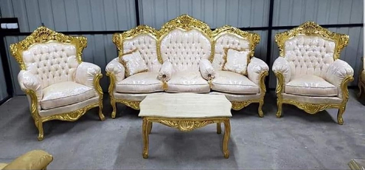 Barock Sofa Creme Muster / Gold - Prunkvolles Wohnzimmer Sofa mit elegantem Muster und Glitzersteinen - Wohnzimmer Möbel im Barockstil - Barock Möbel - Edel & Prunkvoll
