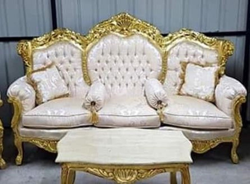 Barock Sofa Creme Muster / Gold - Prunkvolles Wohnzimmer Sofa mit elegantem Muster und Glitzersteinen - Wohnzimmer Möbel im Barockstil - Barock Möbel - Edel & Prunkvoll