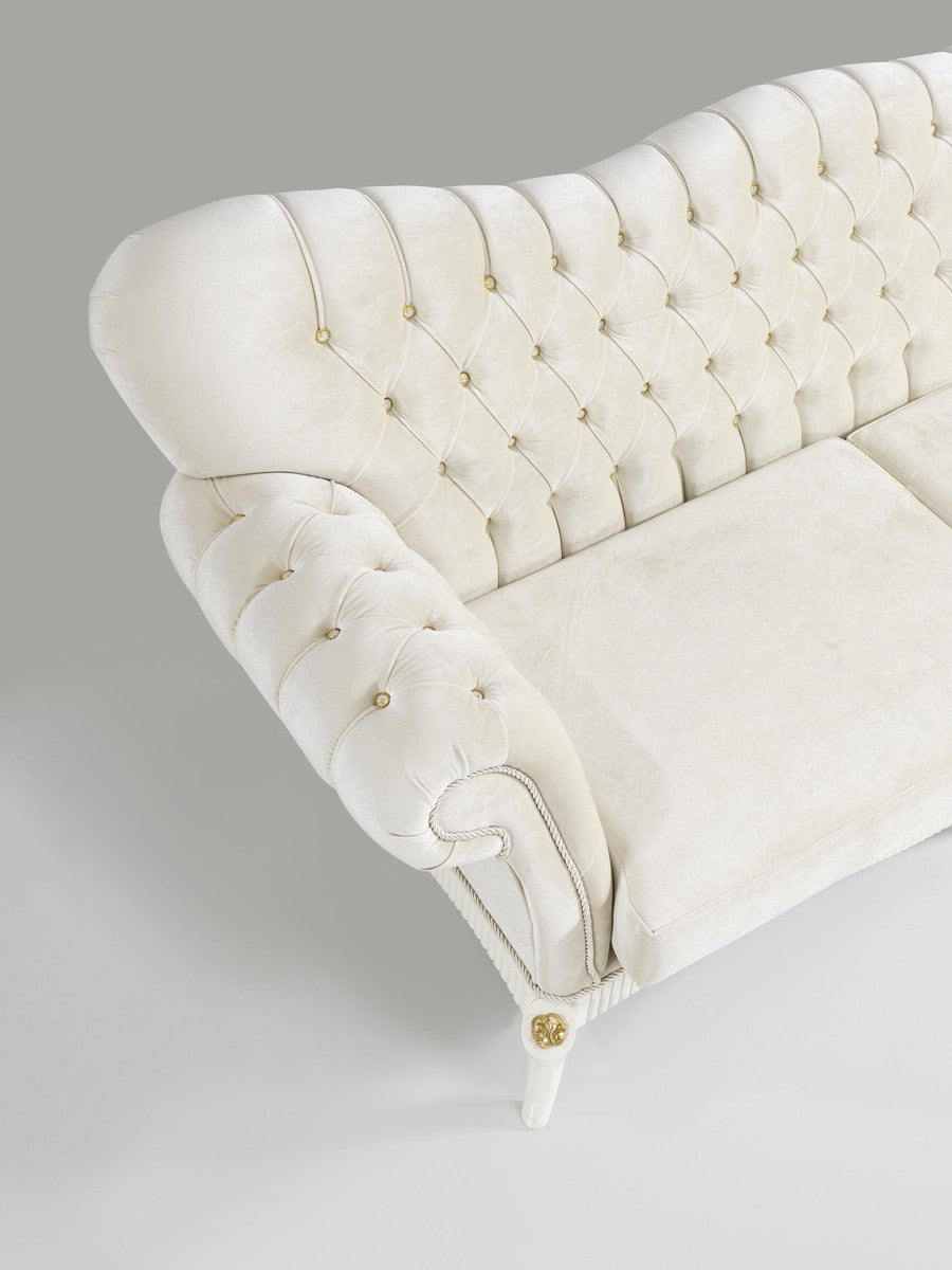 Barock Sofa Creme / Weiß / Gold 224 x 83 x H. 112 cm - Wohnzimmer Sofa mit Glitzersteinen - Edle Barock Möbel