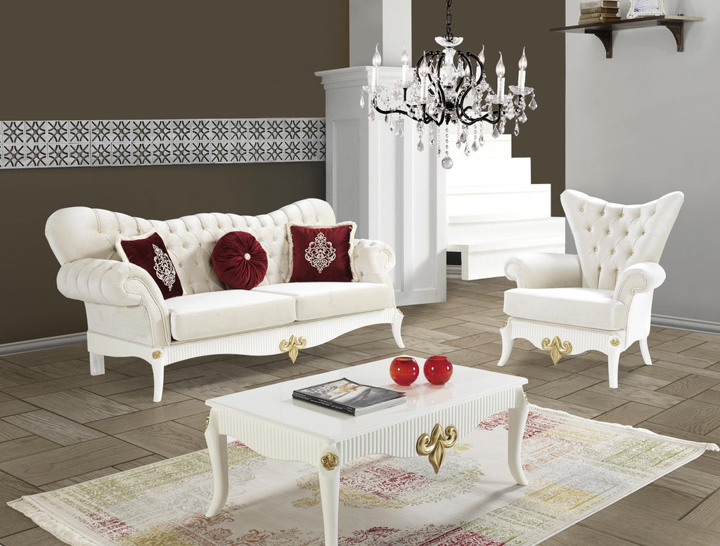 Barock Sofa Creme / Weiß / Gold 224 x 83 x H. 112 cm - Wohnzimmer Sofa mit Glitzersteinen - Edle Barock Möbel
