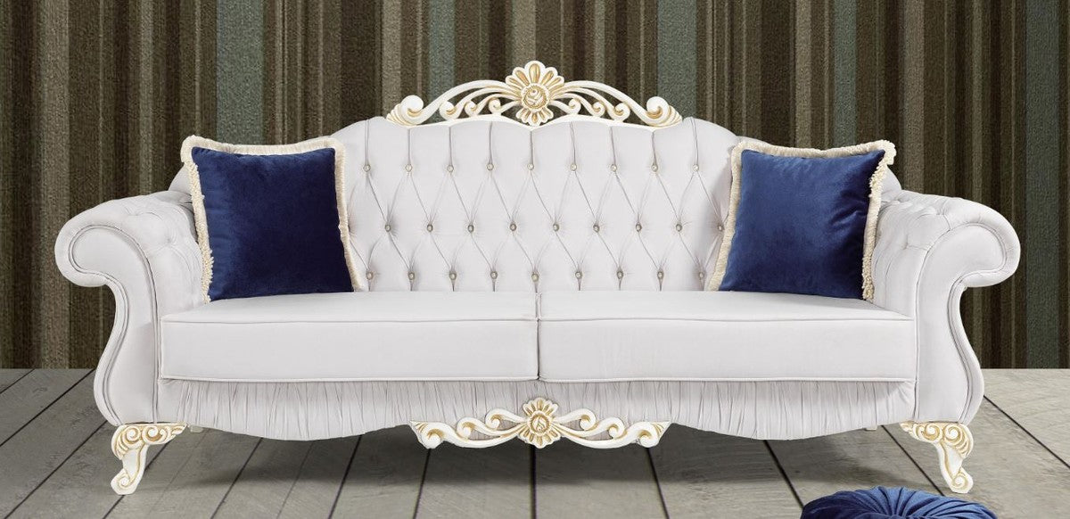Barock Sofa Hellgrau / Weiß / Gold 235 x 85 x H. 112 cm - Edles Wohnzimmer Sofa mit Glitzersteinen - Barock Möbel