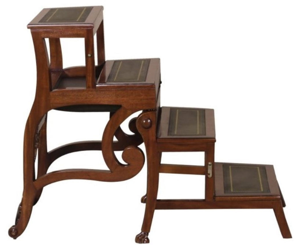 Barock Leiterstuhl mit Echtleder Dunkelbraun / Grün 61,3 x 59,1 x H. 87,8 cm - Mahagoni Stuhl mit Armlehnen - Barockmöbel