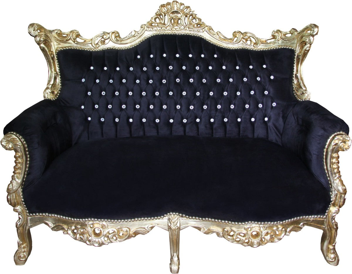 Barock 2-er Sofa Master Schwarz / Gold mit großen Bling Bling Glitzersteinen - Antik Stil Möbel