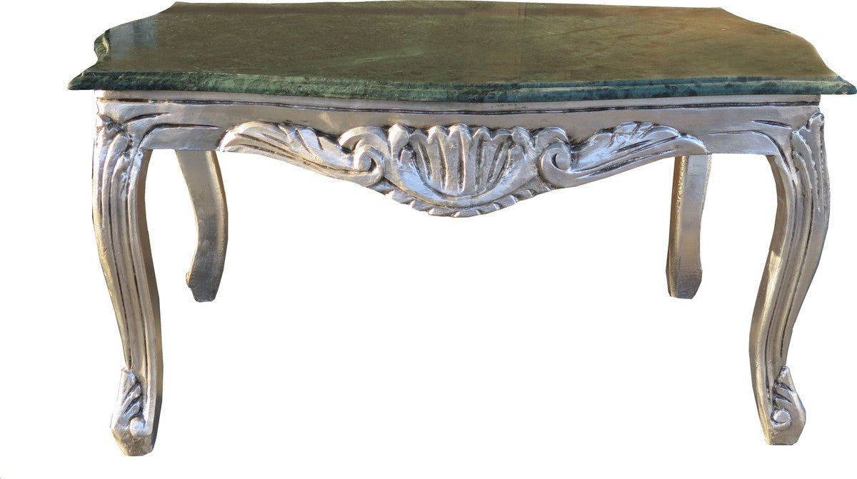Barock Couchtisch Silber mit grünfarbener Marmorplatte 99 x 63 cm - Limited Edition