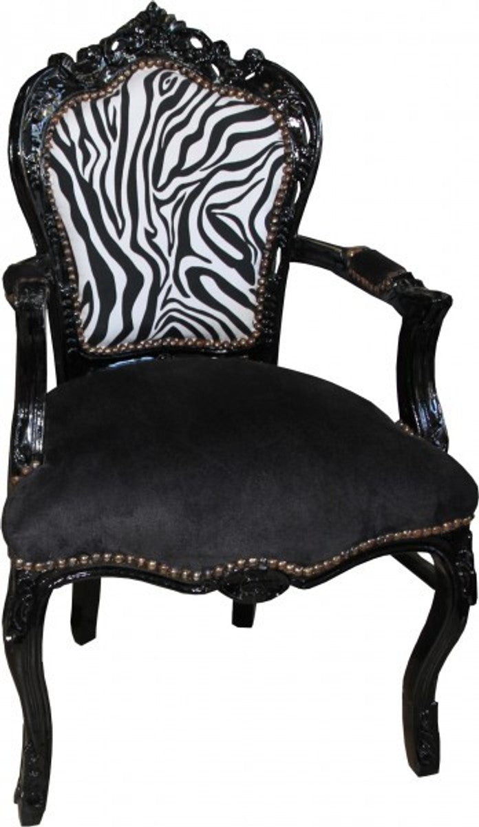 Barock Esszimmer Stuhl Schwarz / Zebra / Schwarz mit Armlehnen - Möbel Antik