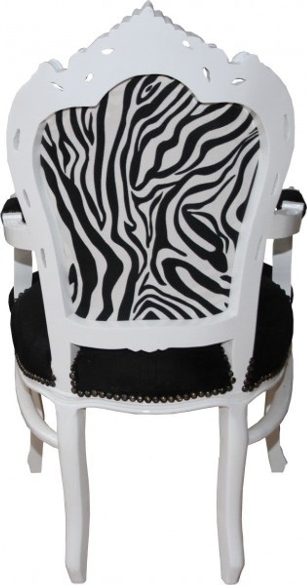 Barock Esszimmer Stuhl Schwarz / Zebra / Weiß mit Armlehnen - Limited Edition