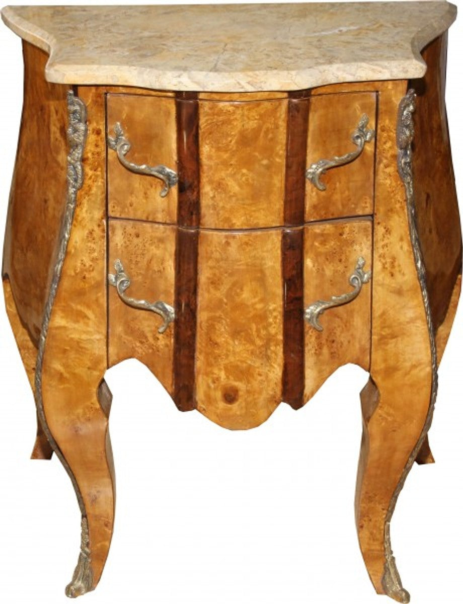 Barock Kommode Vogelaugenahorn mit 2 Schubladen, Marmorplatte in Creme 67 cm - Handgefertigt aus Massivholz