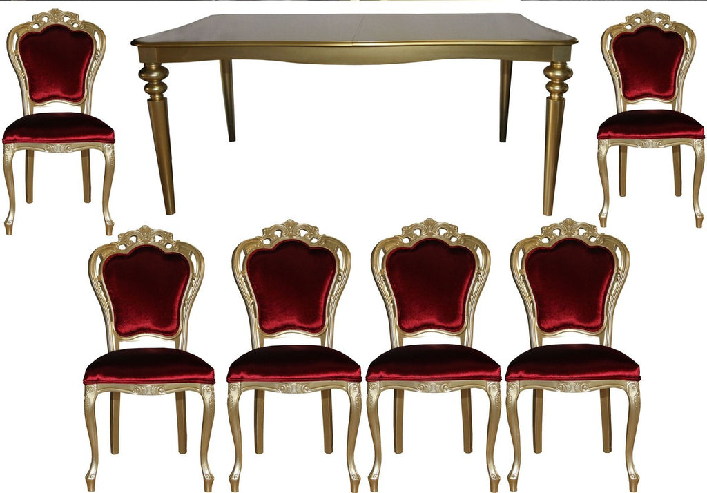 Barock Luxus Esszimmer Set Bordeaux/Gold - Esstisch + 6 Stühle - Möbel Antik Stil - Luxus Qualität - Limited Edition