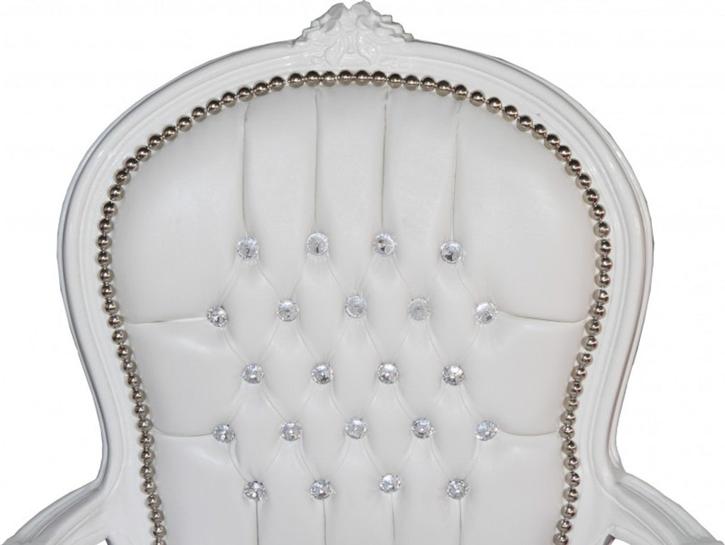 Barock Salon Stuhl Weiß Lederoptik / Weiß mit Bling Bling Glitzersteinen - Möbel Antik Stil