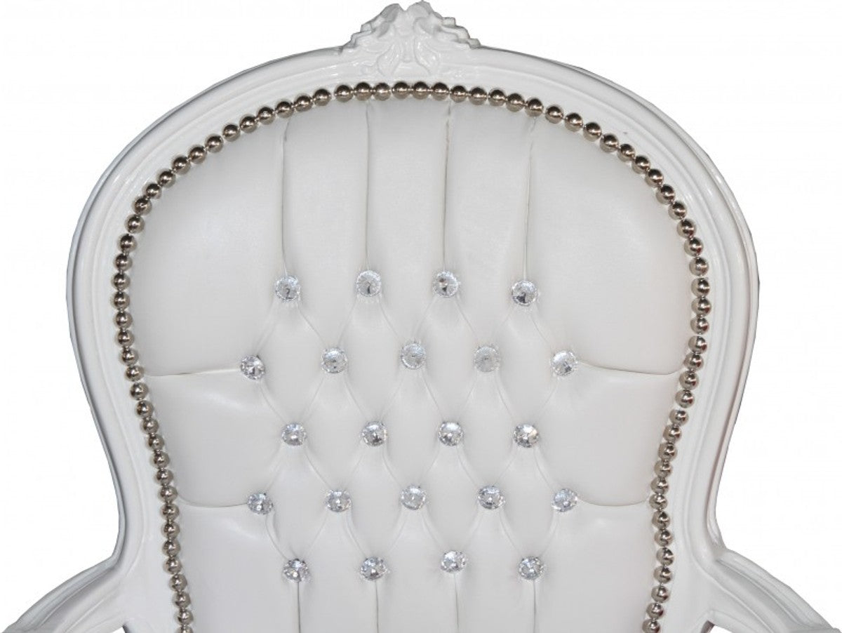 Barock Salon Stuhl Weiß Lederoptik / Weiß mit Bling Bling Glitzersteinen - Möbel Antik Stil